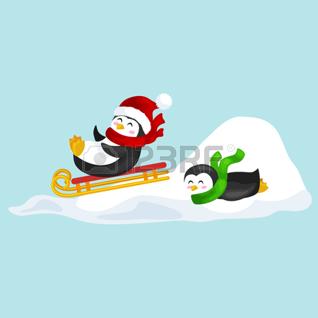 450x450 Two Happy Cute Christmas Penguin In Hat And Scarf Sledding Snow