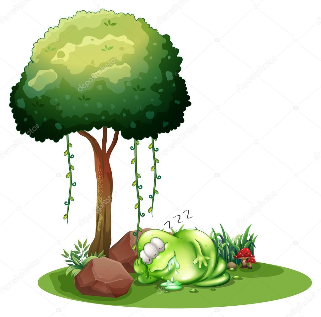 1023x1010 A Fat Green Monster Sleeping Under The Tree Stock Vector
