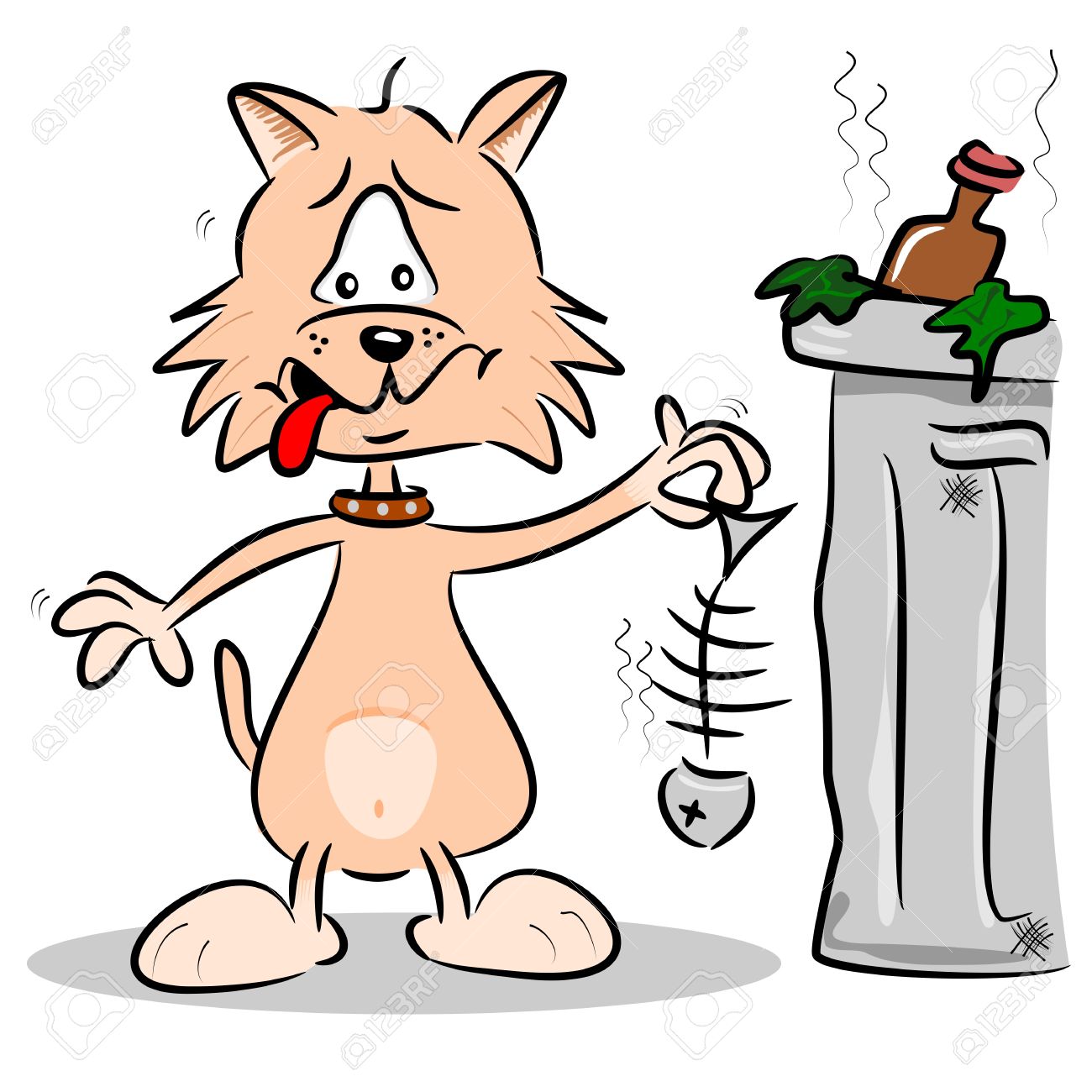 1300x1300 A Cartoon Cat With Smelly Fish Next To A Trash Can Rubbish Bin
