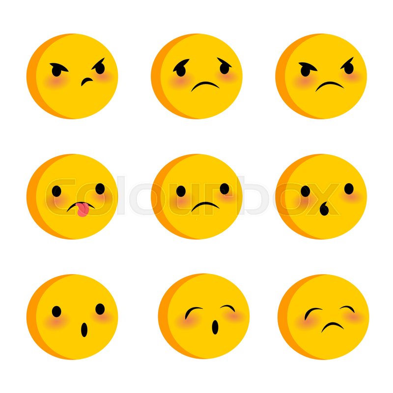 800x800 Emotional Cute Sad Poor Faces Smiles Big Set. Vector Illustration