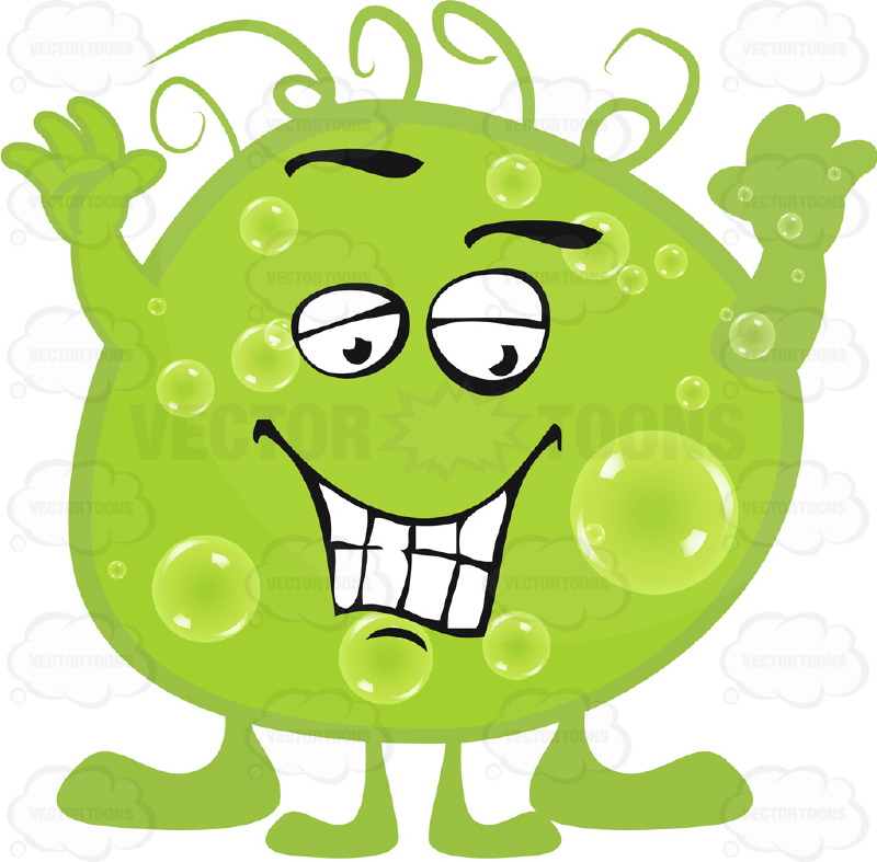 800x787 Green Blob Germ With Smiling Face And Hands In Air Cartoon Clipart