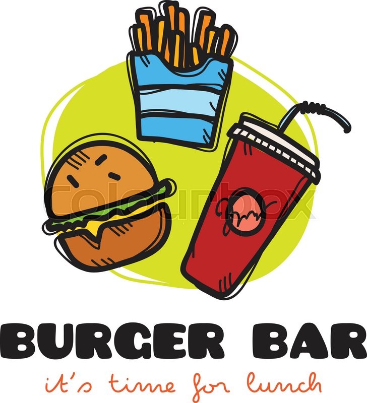 728x800 Vector Funny Cartoon Style Snack Bar Logo With Burger, Fries