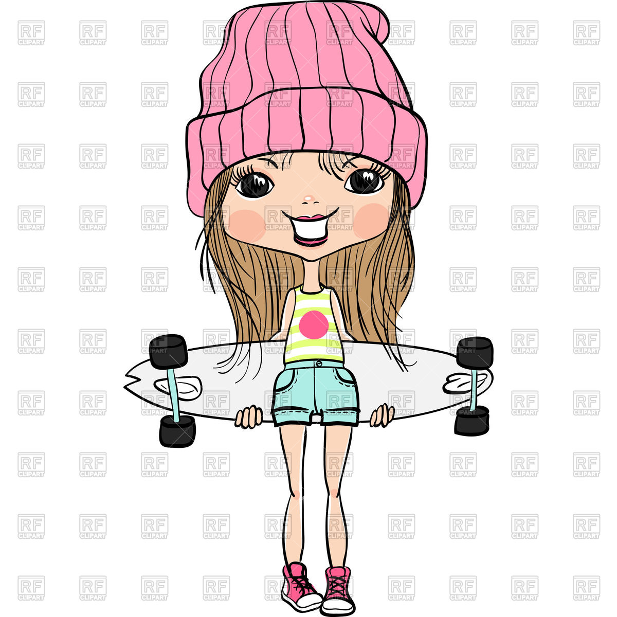 1200x1200 Cartoon Girl In Hat And Sneakers With Skateboard Royalty Free