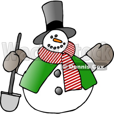 400x400 The Snowman In A Tophat, Scarf And Vest, Holding A Shovel Clipart