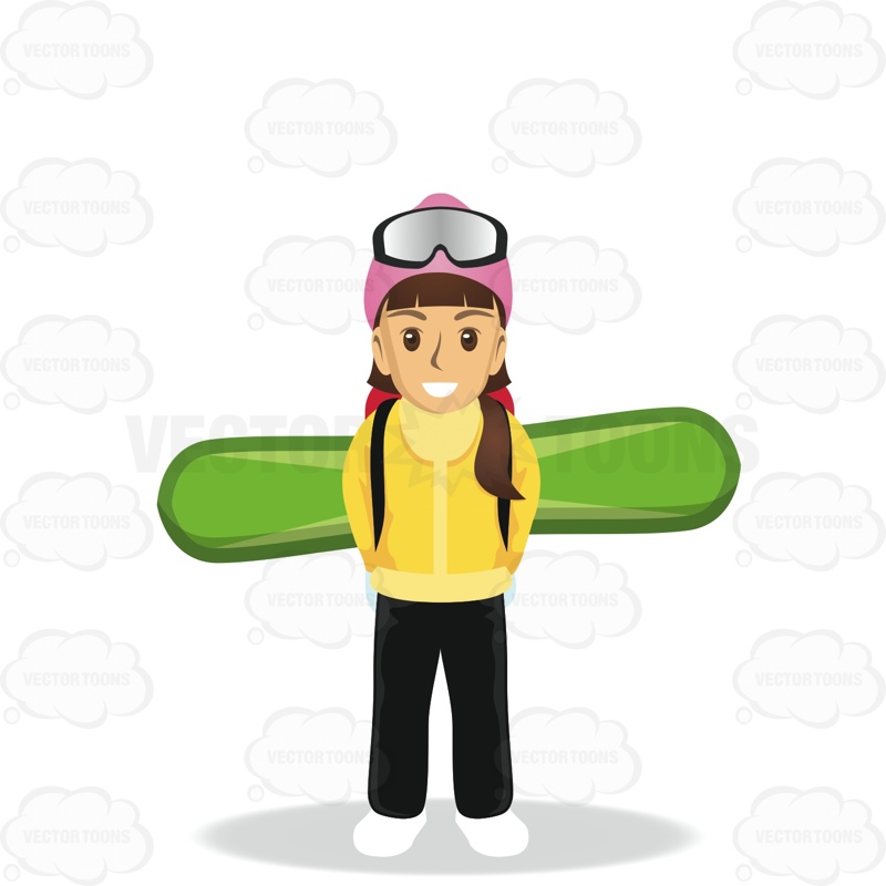 800x800 Female Tourist Carrying A Snowboard On Her Back Cartoon Clipart