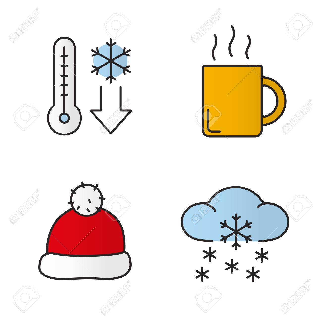 1300x1300 Winter Season Color Icons Set. Temperature Falling, Hot Steaming