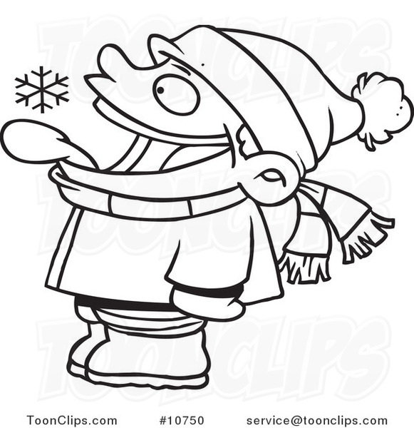 581x600 Cartoon Black And White Line Drawing Of A Boy Catching Snowflakes