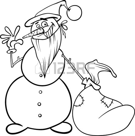 445x450 Black And White Cartoon Illustration Of Snowman As Santa Claus