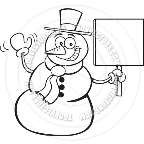 460x460 Cartoon Snowman Holding A Sign (Black And White Line Art) By