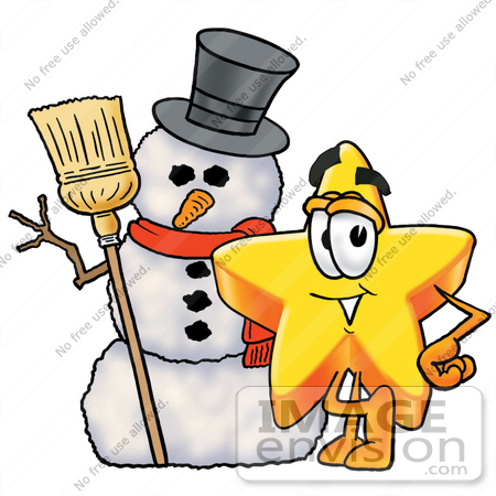 450x450 Clip Art Graphic Of A Yellow Star Cartoon Character With A Snowman