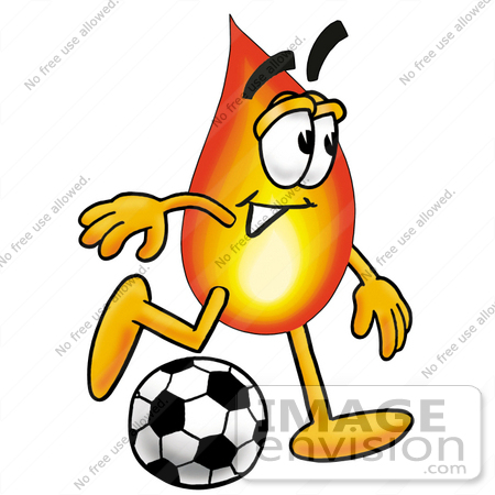 450x450 Clip Art Graphic Of A Fire Cartoon Character Kicking A Soccer Ball