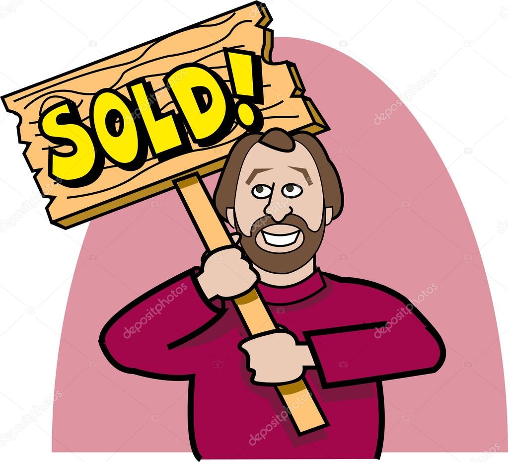 1023x930 Happy Man In A Red Sweater Holding Wooden Sold Sign Stock Clip Art