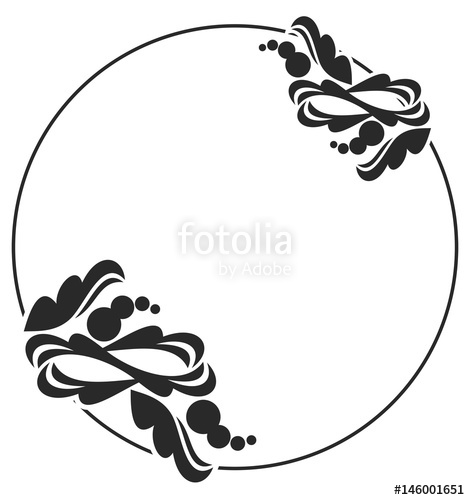 470x500 Black And White Round Frame With Floral Silhouettes. Copy Space