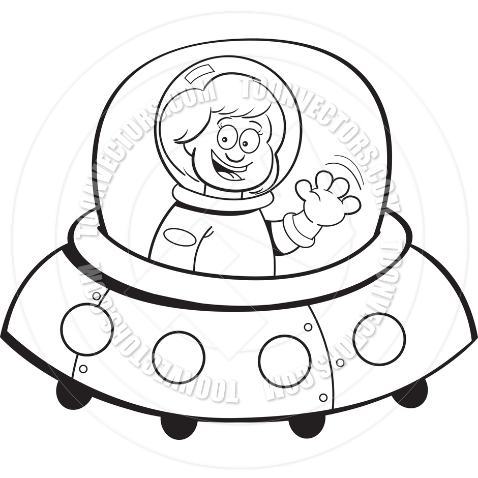 940x940 Cartoon Girl In A Spaceship (Black And White Line Art) By