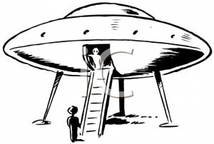 300x202 Black And White Retro Style Cartoon Of An Alien Spaceship Landed