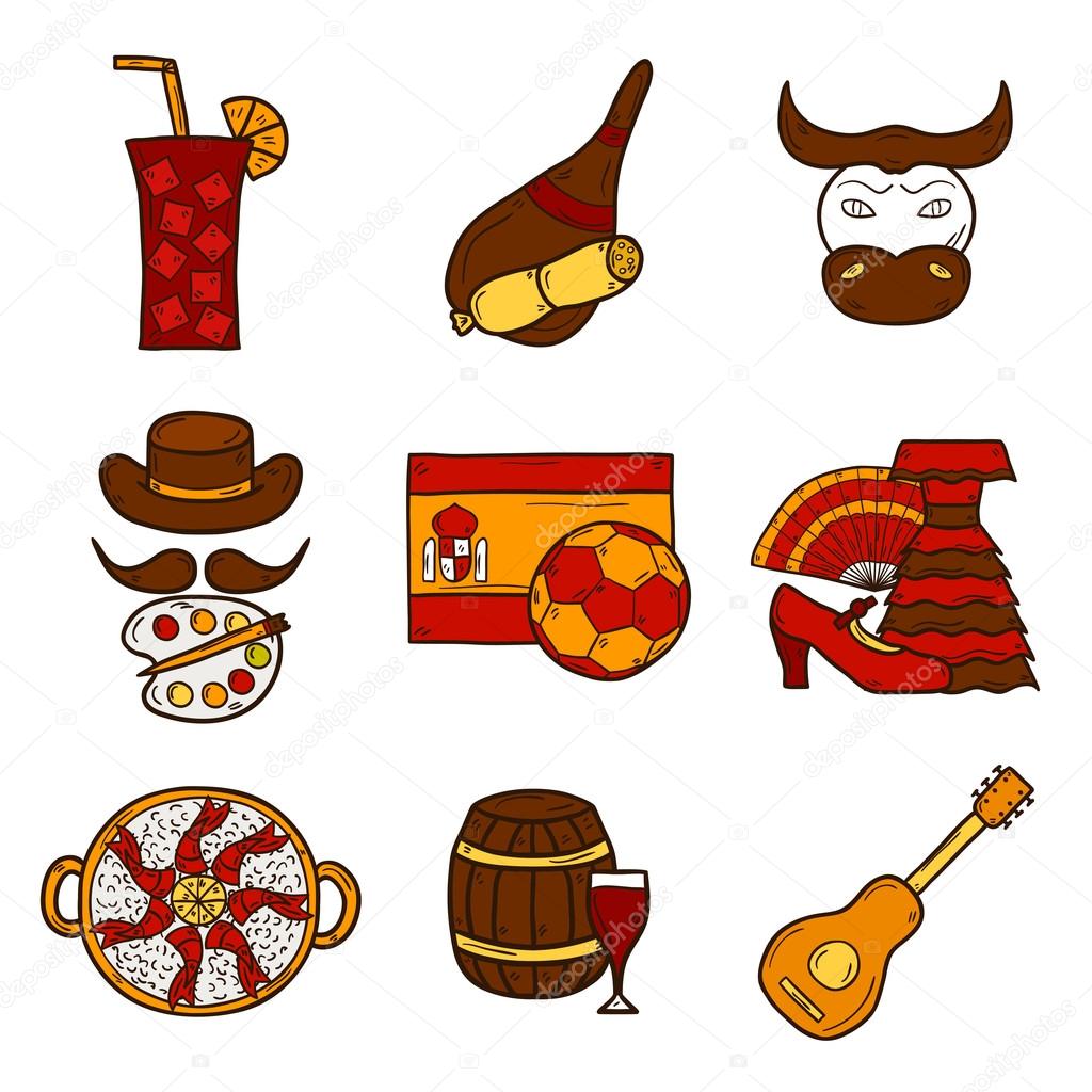 1024x1024 Set Of Cartoon Drawn Icons On Spain Theme Flag, Bull, Ball