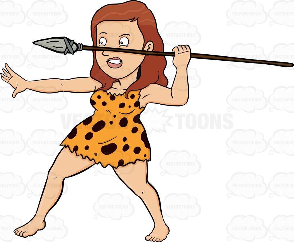 1024x842 A Cavewoman Aggressively Holds Up A Spear Cartoon Clipart