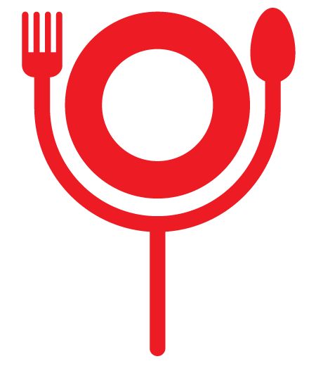 450x520 Comedy Logo. Flat Design. Red. Fork, Spoon, Plate. Devil. Improv