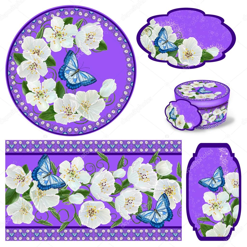 1024x1024 Set For Packaging. Box Round. Label. Decoupage. Floral Background