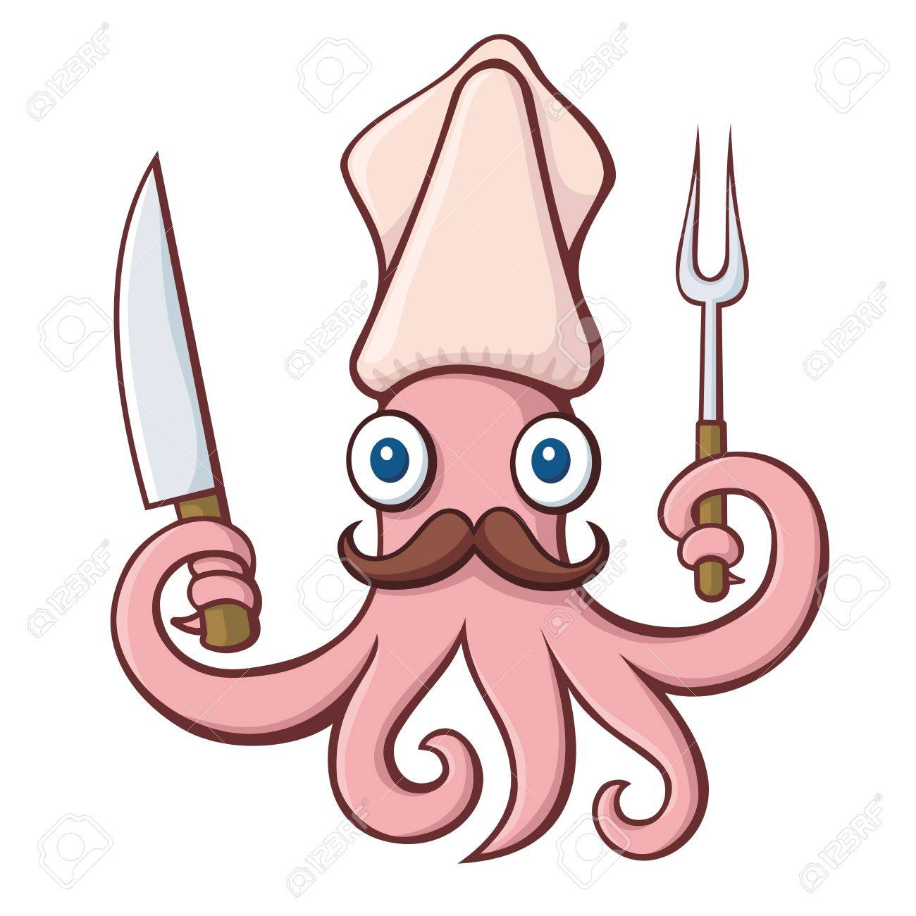 1300x1300 Pink Squid Chef Cartoon With Moustache Holding Knife And Cooking