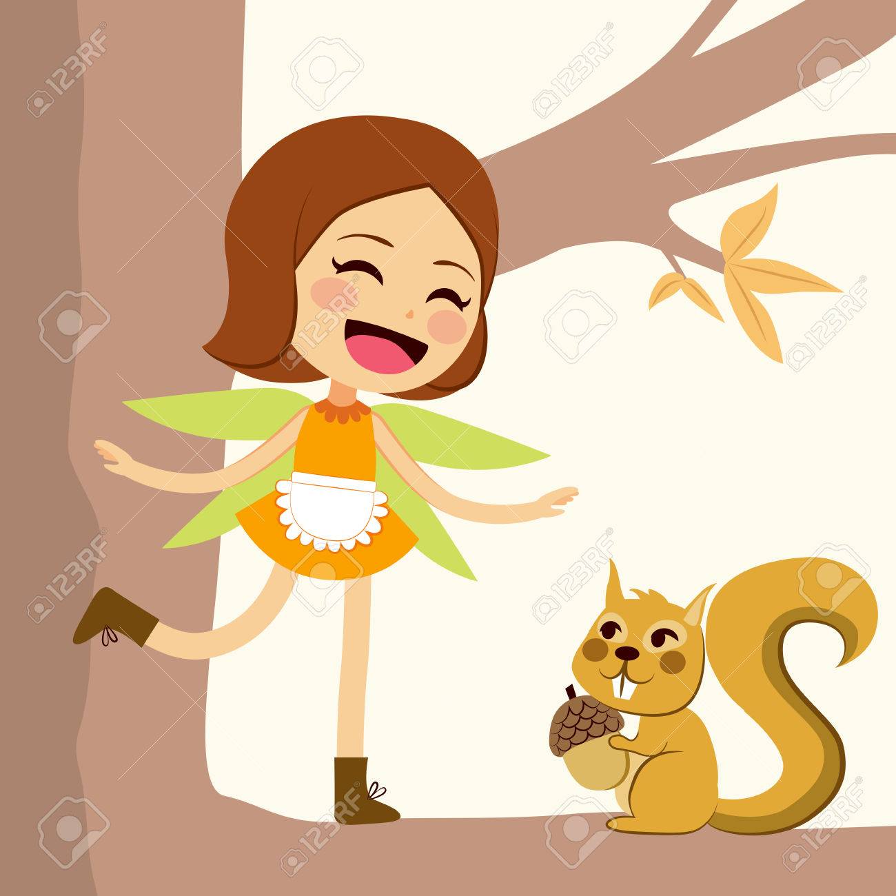 1300x1300 Cute Happy Autumn Fairy Standing On Tree Branch With Little