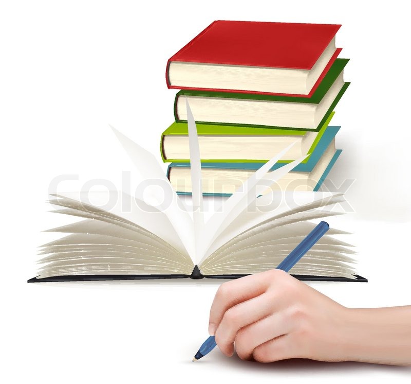 800x746 Hand With Pen Writing On Paper And Stack Of Book Vector