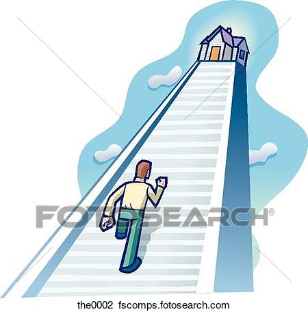 450x456 Clip Art Of Man Walking Up A Long Flight Of Stairs To A House