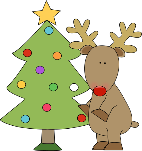 470x500 Reindeer Standing By A Christmas Tree Clip Art