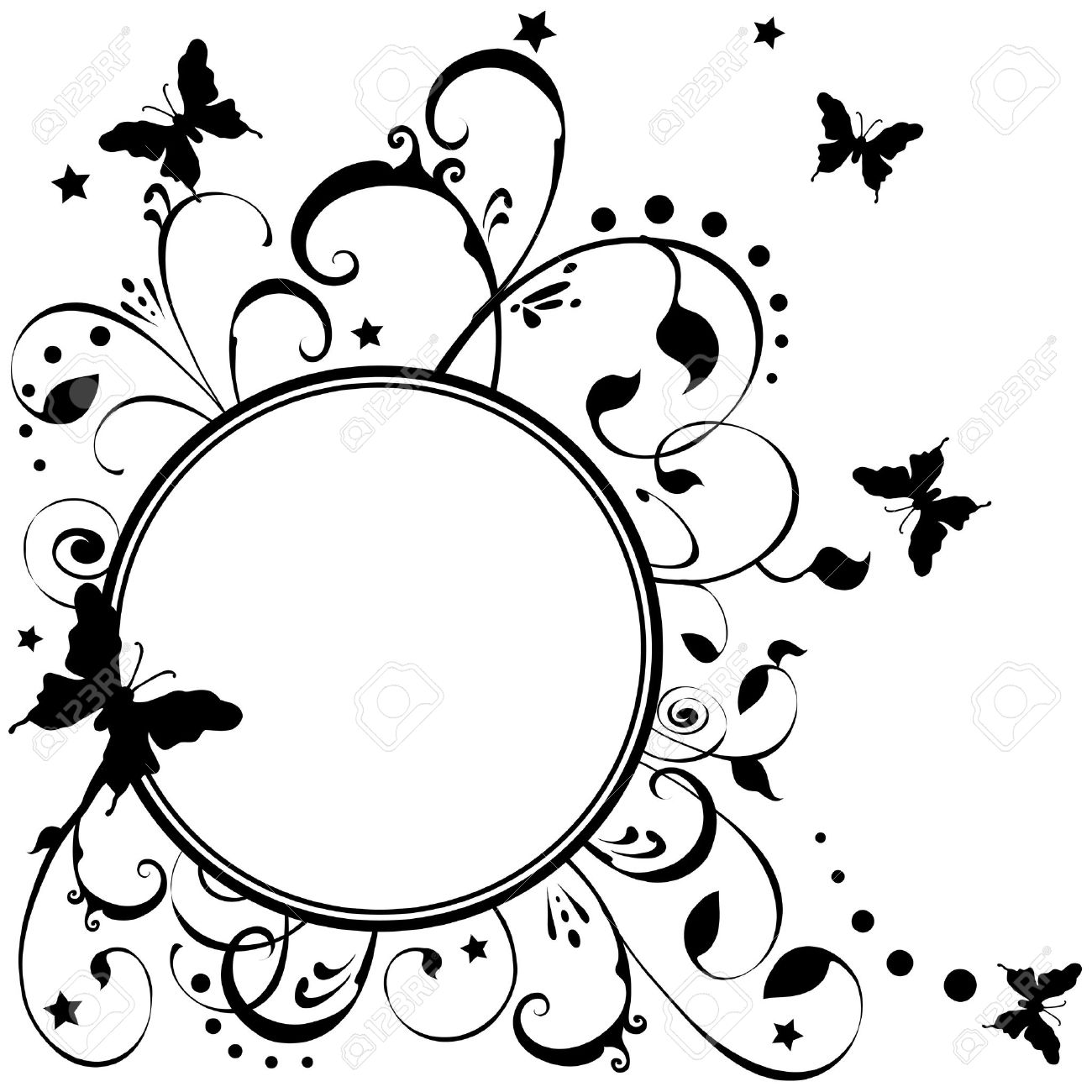 1300x1300 Butterflies Fluttering Around Flowers, Foliage, Stars. Black