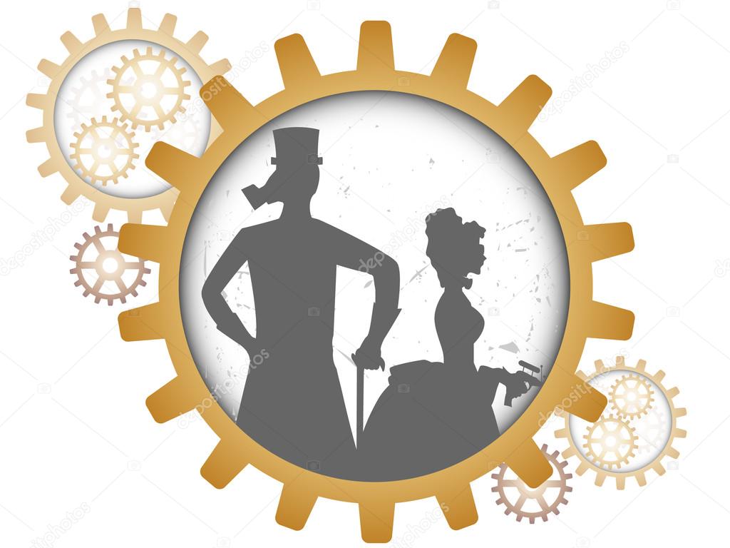 1024x768 Silhouettes Of Steampunk Couple Inside Shadow Gear Stock Vector