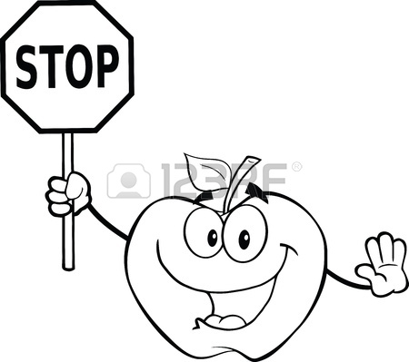 450x399 Black And White Apple Cartoon Mascot Character Holding A Stop