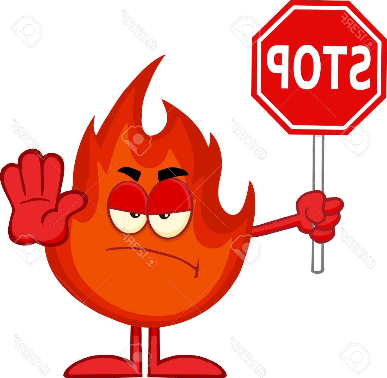 1300x1273 Best Free Angry Fire Cartoon Mascot Character Holding Stop Sign