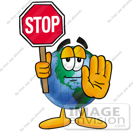 450x450 Clip Art Graphic Of A World Globe Cartoon Character Holding A Stop