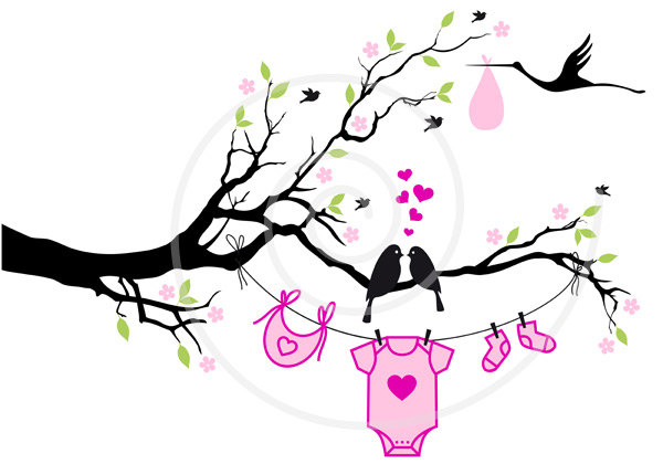 600x420 New Baby Digital Clip Art, Baby Boy, Baby Girl, Cute Birds On Tree
