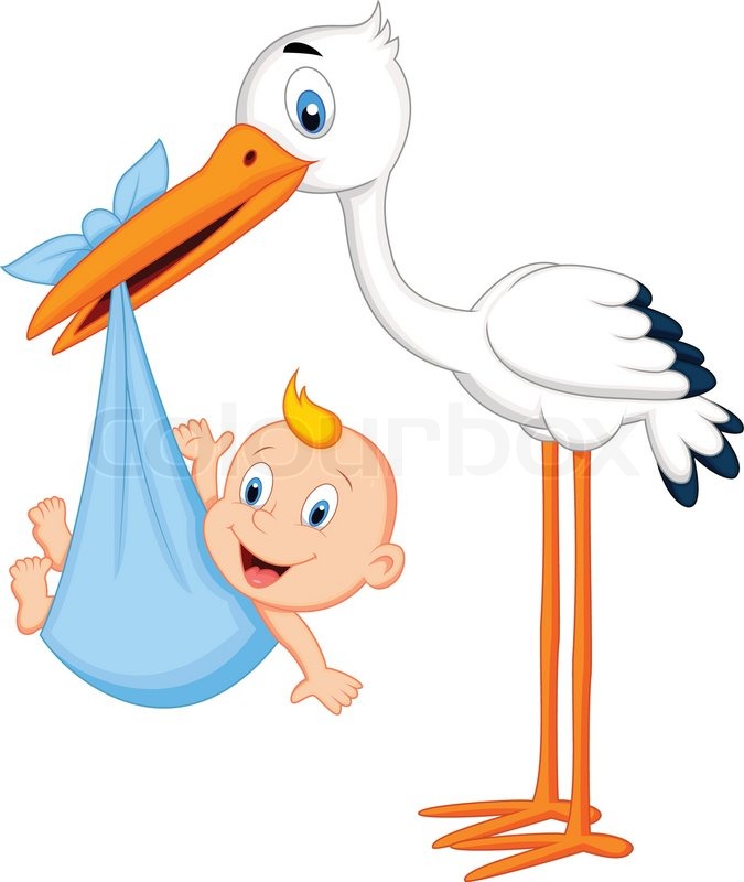 675x800 Vector Illustration Of Cute Cartoon Stork Carrying Baby Stock