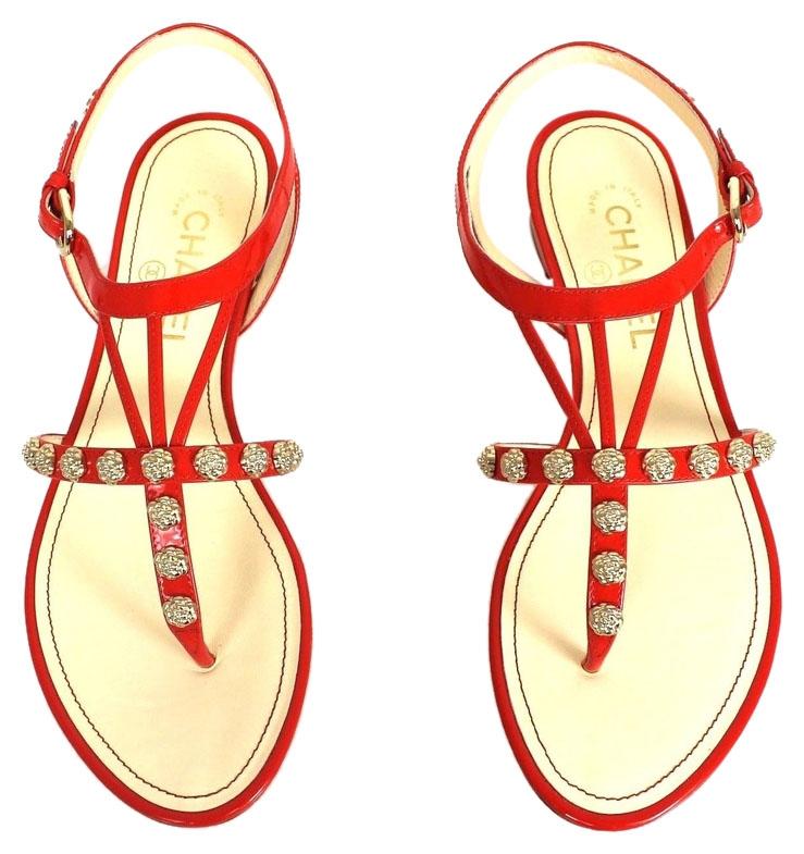 739x785 Chanel Orange Patent Leather Gold Camellias Sandals Size Us 7.5