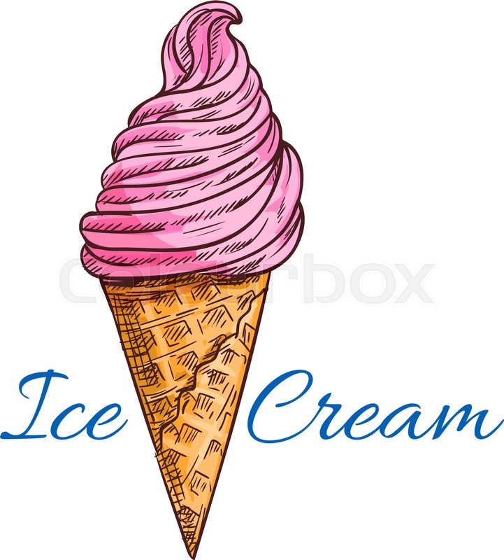 721x800 Ice Cream Cone Isolated Sketch. Strawberry Soft Serve Ice Cream