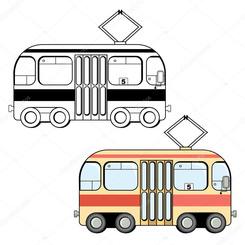 1024x1024 Black And White And Colored Cute Cartoon Style Tram Stock Vector