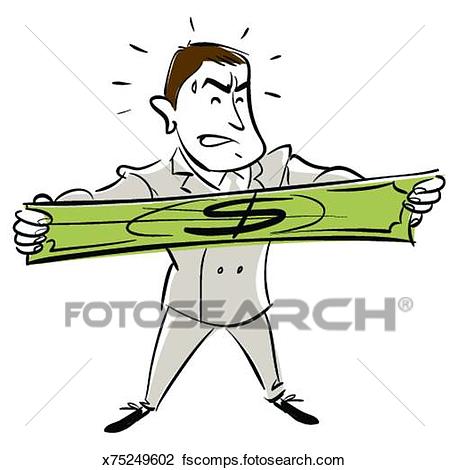 449x470 Clip Art Of Man Stretching Dollar Bill, Sweating X75249602