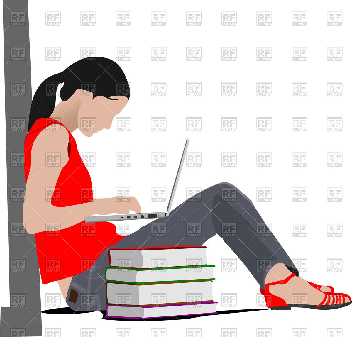 1200x1149 Sitting Woman With Laptop And Stack Of Books Royalty Free Vector
