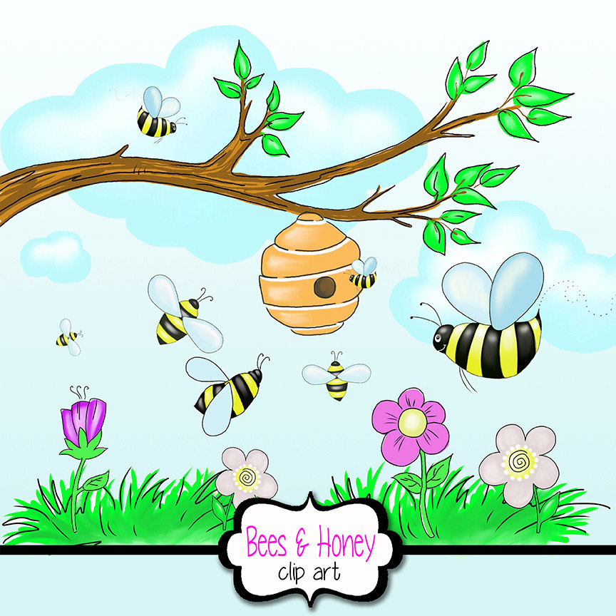 864x864 Honey Bee Clipart With Beehive Flowers Tree Branch Grass