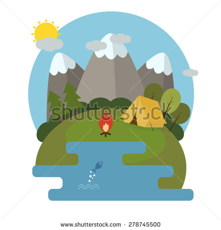 450x470 Mountain Lake Camp Ecological Landscape In Flat Design. National
