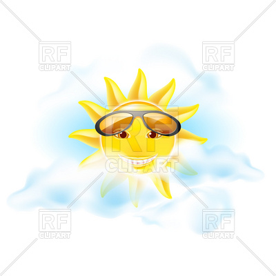 400x400 Sun In Cloudy Sky With Sunglasses Royalty Free Vector Clip Art