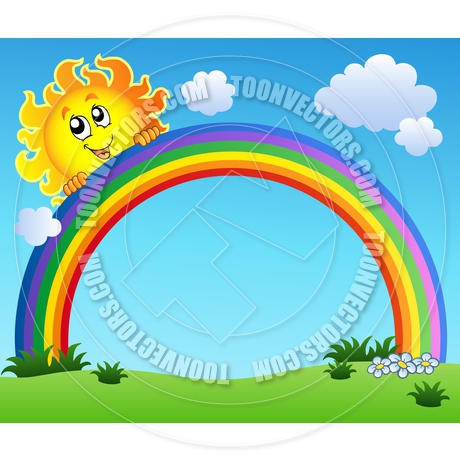460x460 Cartoon Sun Holding Rainbow On Blue Sky By Clairev Toon Vectors
