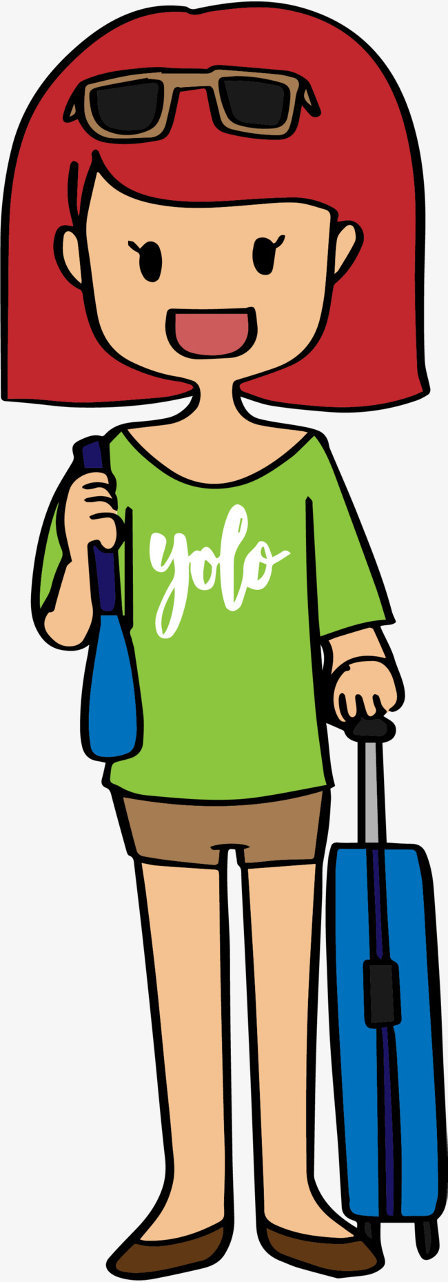 650x1858 A Female Tourist Carrying A Luggage With Cartoons, Sun Glasses