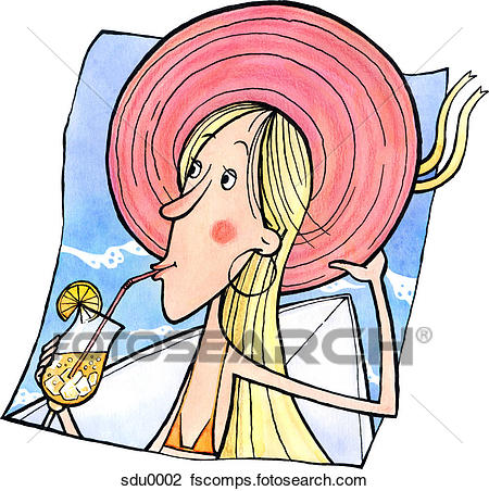 450x452 Clip Art Of A Woman In A Bikini And Sun Hat Sipping A Drink In