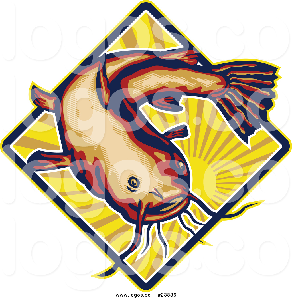 1024x1044 Royalty Free Vector Logo Of A Big Catfish Over A Sun With Rays By