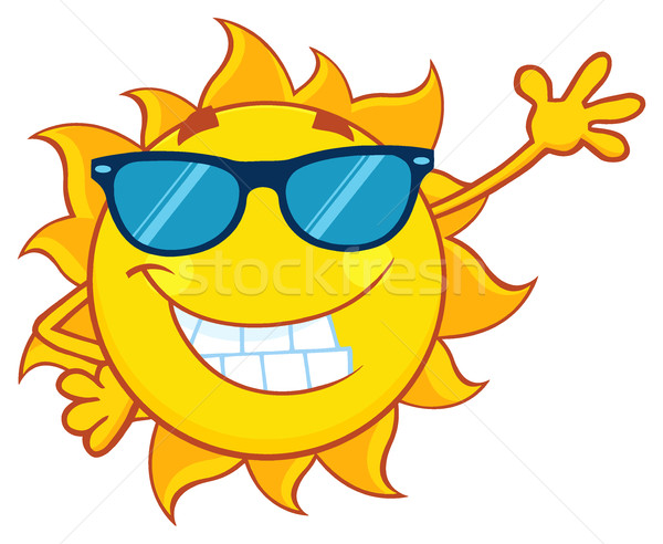 600x492 Smiling Sun Cartoon Mascot Character With Sunglasses Waving
