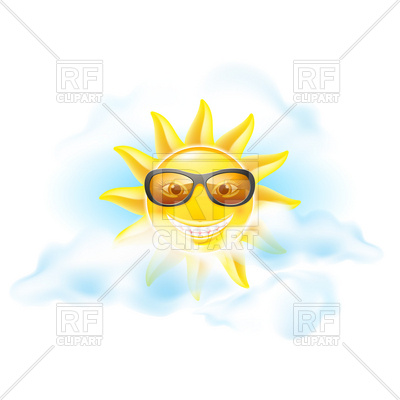 400x400 Smiling Sun With Retro Sunglasses In Clouds Royalty Free Vector