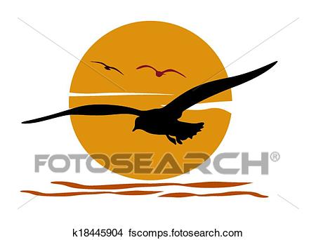 450x342 Clipart Of Silhouette Of Seagull On Sea Sunset K18445904